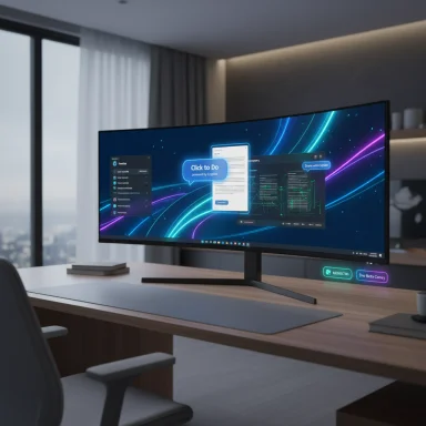 Modern desk setup with a curved ultrawide monitor displaying a futuristic UI.