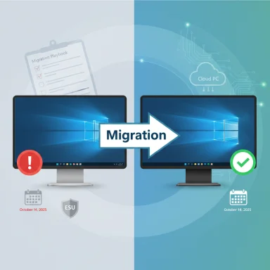 Two PCs migrate from legacy to Cloud PC, left failing, right succeeding.