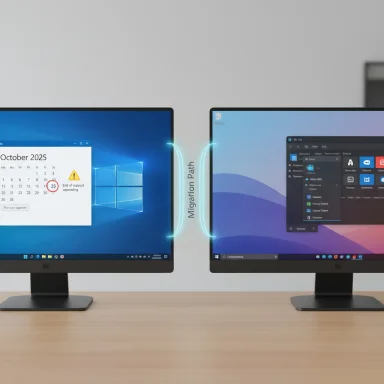 A dual-monitor desk setup featuring a glowing “Migration Path” between the screens.