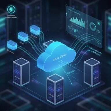 Futuristic data-center scene showing Azure Cloud linking servers and dashboards.