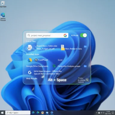 Windows desktop with a translucent search panel showing 'project mars_proposal' over a blue abstract wallpaper.