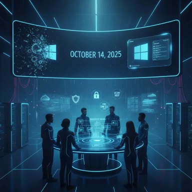 A futuristic team gathers around a glowing holographic table in a blue neon control room.