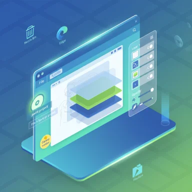 A futuristic isometric laptop with floating, layered UI panels and app icons.
