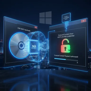 Futuristic holographic screens show an HDCP handshake on the left and a protected-content error on the right.