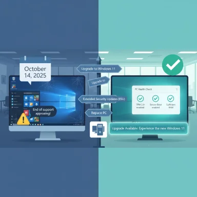 Split-screen: Windows 10 nearing end of support on the left, Windows 11 upgrade and health checks on the right.