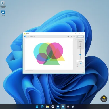 Windows desktop with a Paint window displaying colorful intersecting shapes on a blue abstract wallpaper.