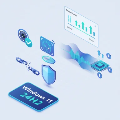 Futuristic cybersecurity and system health visuals for Windows 11 24H2.