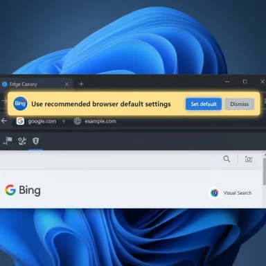 Browser notification urging to set default browser settings over a Bing search page.