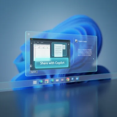 A translucent, holographic UI floats above a screen, featuring a glowing “Share with Copilot” button.