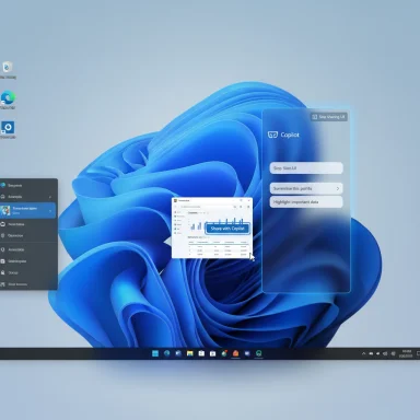 Windows desktop with Copilot UI overlay and start menu on a blue abstract wallpaper. Windows desktop with Copilot UI overlay and start menu on a blue abstract wallpaper.