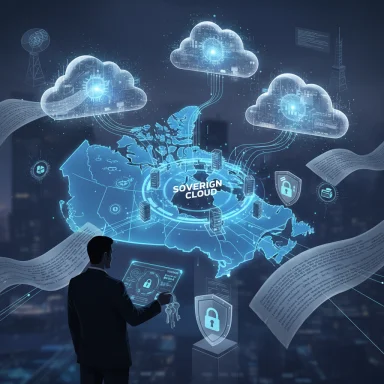 A silhouette works with a holographic sovereign cloud network above a glowing world map.
