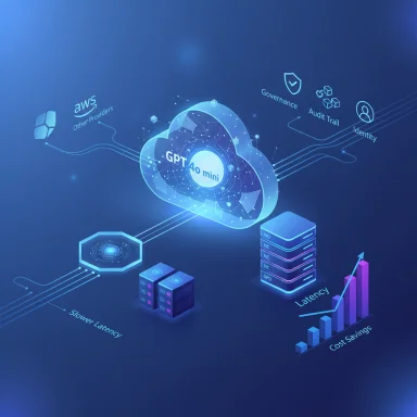 Futuristic cloud infographic featuring GPT-4o mini powering AI with cloud services, governance, and cost savings.