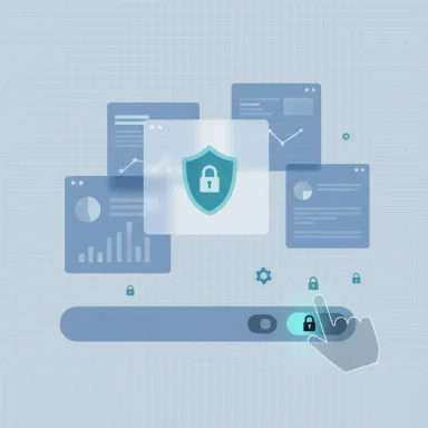 Cybersecurity concept: shield icon over data dashboards as a hand toggles a security switch.