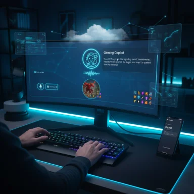 Futuristic gaming setup with a curved monitor displaying holographic HUDs and a nearby smartphone.