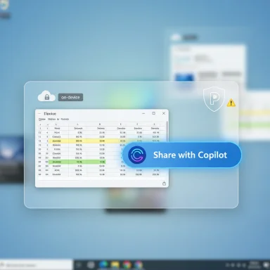Translucent on-device share UI over a blurred desktop, with a data table and a Share with Copilot button.