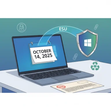 A laptop on a desk displays October 14, 2025, with a Windows shield and security icons.
