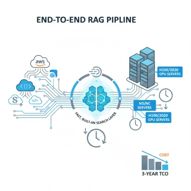 Diagram of an end-to-end RAG pipeline with cloud services, GPU servers, and a fast built-in search layer.
