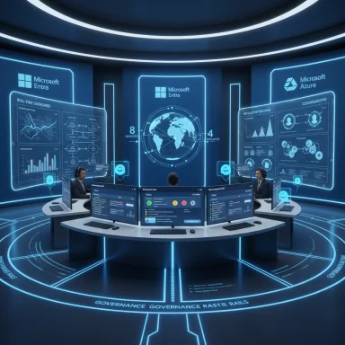A futuristic security operations center with a circular desk and blue neon holographic dashboards.