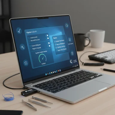 Laptop displays a futuristic blue software dashboard on a desk with dental tools nearby.