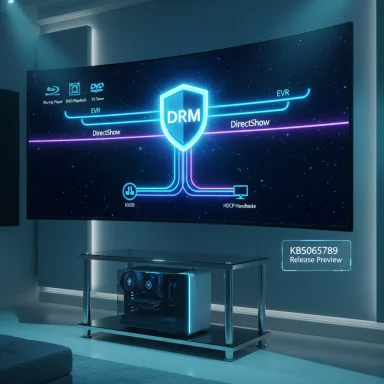 A curved wall-mounted screen displays a glowing DRM diagram with a blue-lit PC on a glass desk.
