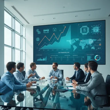 A business team sits around a glass conference table, reviewing charts on a large wall screen.