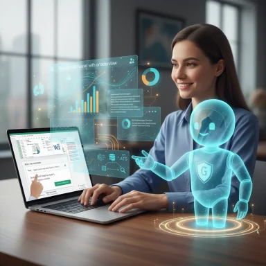 A woman works on a laptop with floating holographic dashboards and a friendly blue holographic robot.