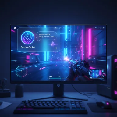 Neon-lit gaming setup with a futuristic shooter on a curved monitor and a Gaming Copilot UI overlay.