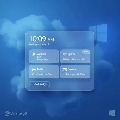 Windows-style dashboard showing time, date and weather/traffic widgets on a blue cloudy background.