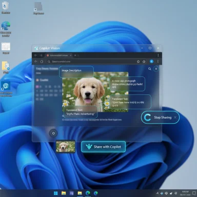 Windows desktop with Copilot Vision sharing overlay describing a dog photo.
