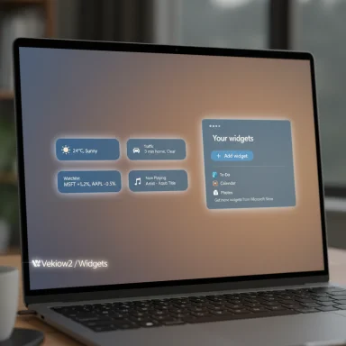 Laptop displays a glowing blue widgets dashboard with weather, traffic, and a 'Your widgets' panel.