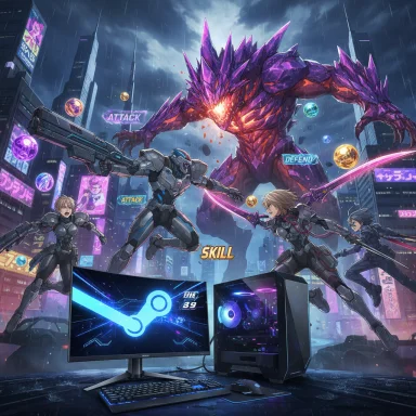 Armored gamers battle a towering purple dragon in a neon city as a glowing PC rig anchors the scene.
