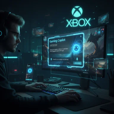 Gamer with headset uses neon, holographic Xbox UI in a high-tech setup.