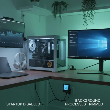 A clean PC workstation with a transparent-case PC, dual monitors, and green ambient lighting.