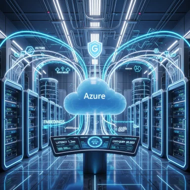 A futuristic data center with a glowing Azure cloud hub and neon blue server racks.