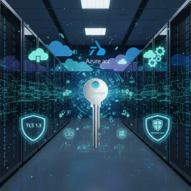 Futuristic data center corridor featuring a glowing security key and Azure Arc branding.