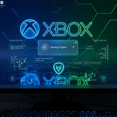 Futuristic neon Xbox HUD on a monitor with holographic panels and Gaming Copilot.