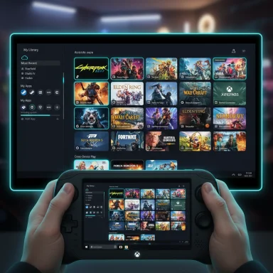 A handheld gaming console mirrors a neon-lit game library on a large screen.