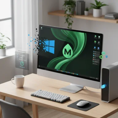 A sleek desktop setup with a large monitor, keyboard, mouse, and floating holographic UI in a bright home office.