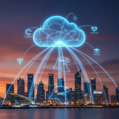 Blue neon cloud above a city skyline links to Copilot, healthcare, and education icons.