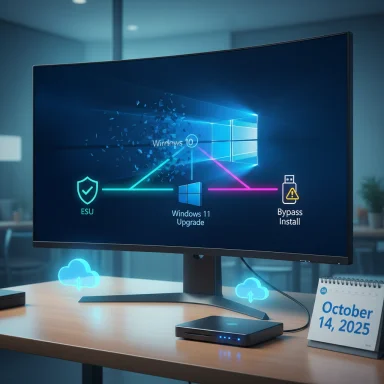 Curved monitor displaying Windows 10/11 upgrade options, including ESU and bypass install, on a desk.