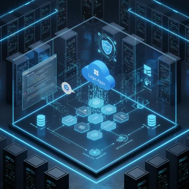 A futuristic data center featuring a holographic Logic Apps cloud and neon-lit servers.