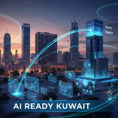 AI ready Kuwait skyline with glowing holographic Azure tech overlays.