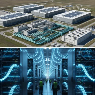 Fairwater data center campus with massive cooling pipes and a high-tech server room.