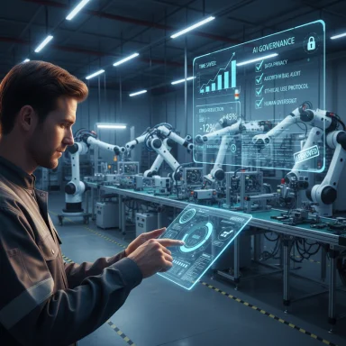 A technician operates a holographic dashboard in a futuristic factory with robotic assembly lines.