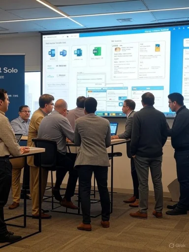 Group of professionals reviewing a large screen projection in a conference room.