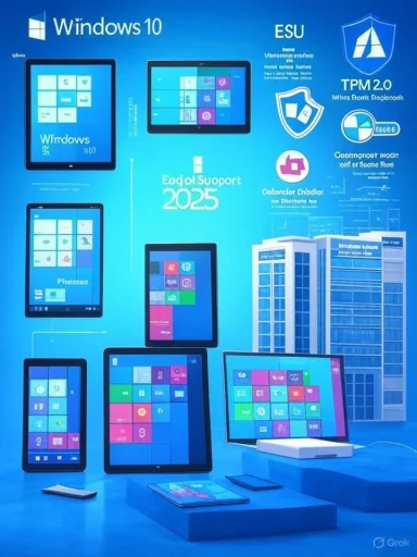 A Windows 10 product showcase displaying tablets and screens on a blue backdrop.