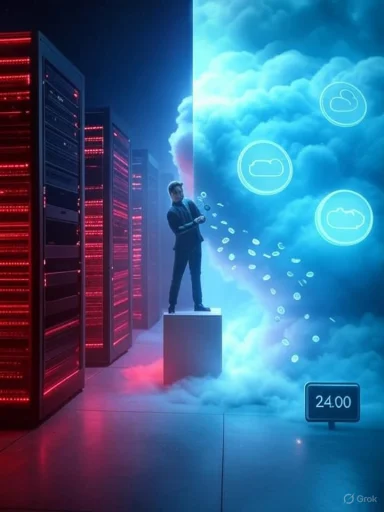A man in a suit stands on a pedestal between red servers and a blue cloudscape, delivering data.