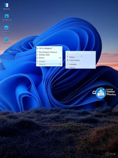 Windows desktop with a vivid blue abstract wallpaper and two overlapping floating windows.