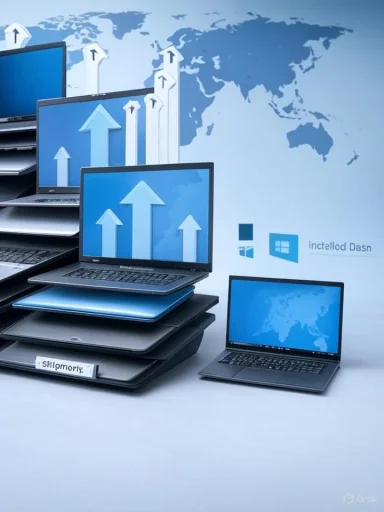 A stack of laptops with blue screens and upward arrows, set against a world map background.