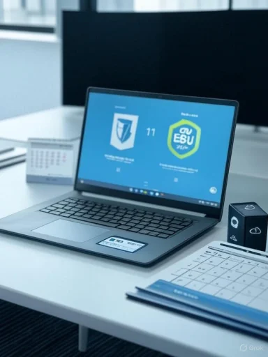 Laptop on a white desk in an office, screen showing two blue logo panels.